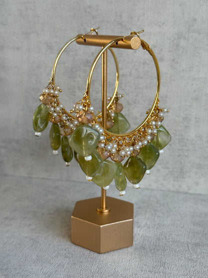 Ayura Designs Heer Balis – Gold Hoops with Olive Marble Beads, Pearls & Crystal Detailing