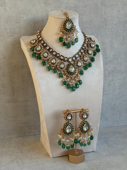 Ayura Designs Ishyat Set with Necklace, Earrings & Tikka – Kundan Detailing, Emerald Green Bead Drops