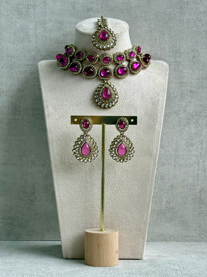 Ayura Designs Tamara Set with Necklace, Earrings & Tikka – Fuchsia Stones, Kundan Borders & Antique Gold Finish