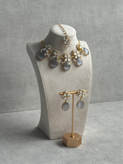 Ayura Designs Arianell Set with Necklace, Earrings & Tikka – Moonstone Grey Drops, Floral Motifs & Pearls