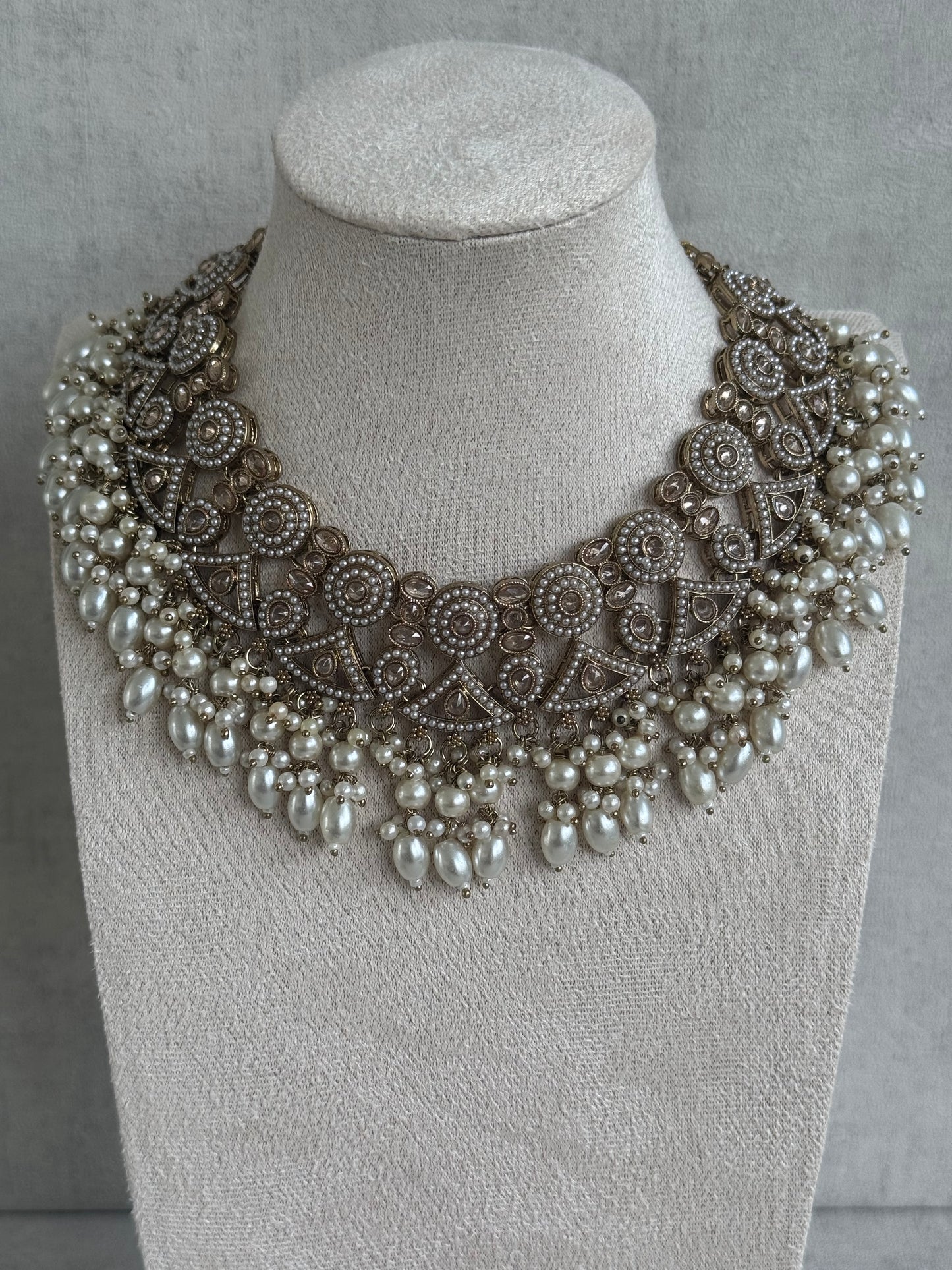 Ayura Designs Noorza Set with Jhumkis and Tikka – Pearl White Stones, Antique Gold & Polki Finish