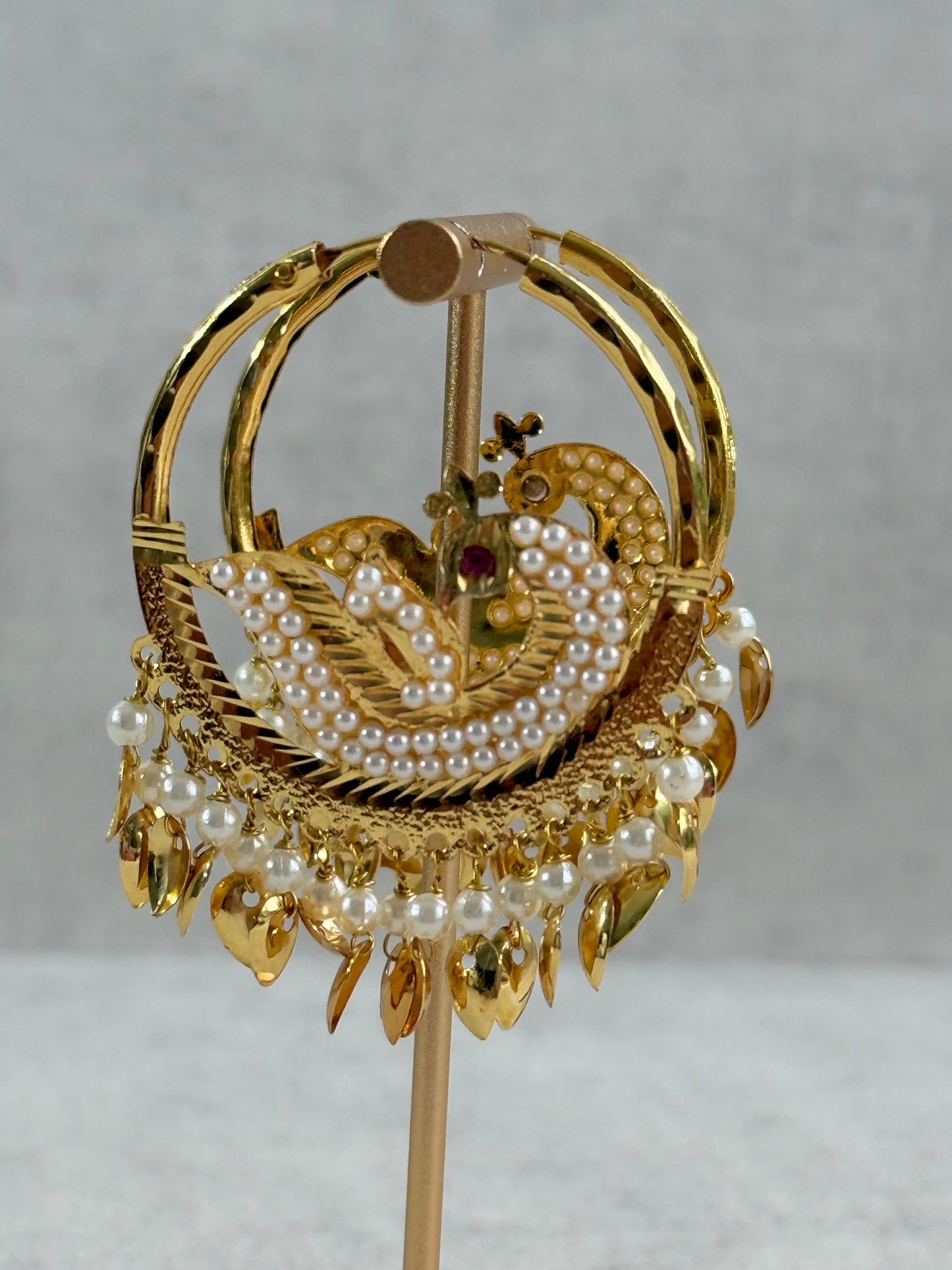 Ayura Designs Hansi Balis – Peacock Design with Pearl & Pippal Patti Detailing in Gold Finish