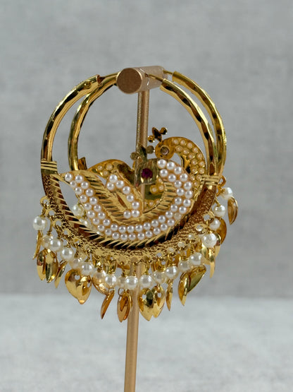 Ayura Designs Hansi Balis – Peacock Design with Pearl & Pippal Patti Detailing in Gold Finish