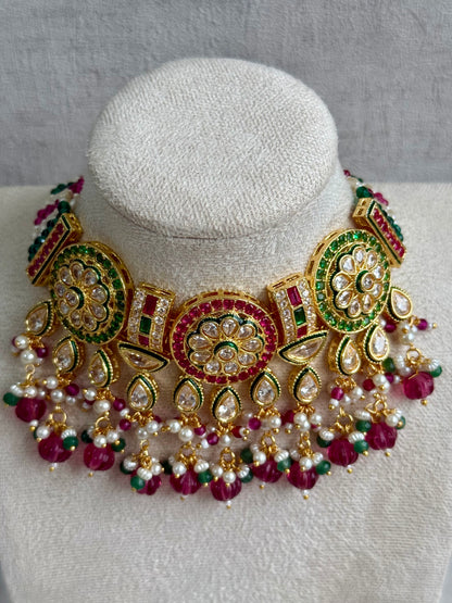Ayura Designs Yasvi Set – Necklace & Earrings with Mirror-Cut Stones, Fuchsia Pink, Emerald Green & Pearl Detailing
