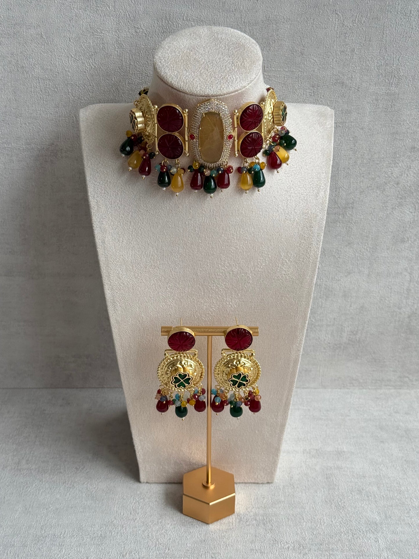 Ayura Designs Faizaan Choker Set with Earrings – Multicolour Stone Drops, Carved Ruby Details & Antique Gold Finish
