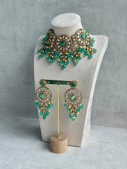 Ayura Designs Harper Set – Antique Gold Choker & Earrings with Mint Green Beads, Kundan Stones & Pearl Detailing
