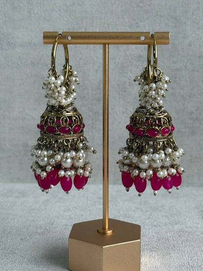 Ayura Designs Jugni Jhumkis – Antique Gold Balis with Fuchsia Beads & Pearl Clusters