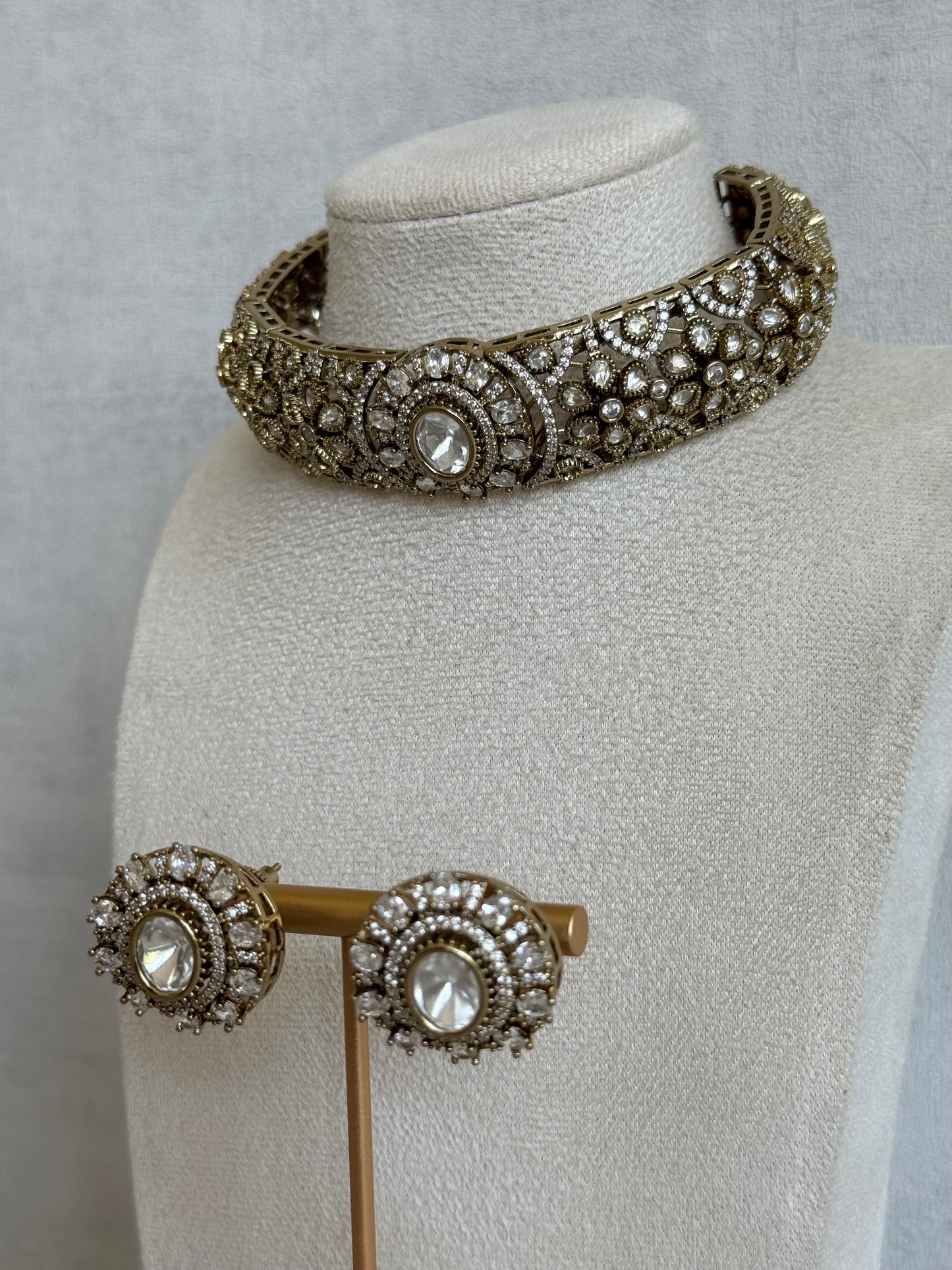 Ayura Designs Genevieve Choker Set with Studs – Crystal Kundan in Antique Gold