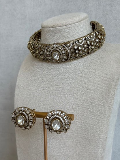 Ayura Designs Genevieve Choker Set with Studs – Crystal Kundan in Antique Gold