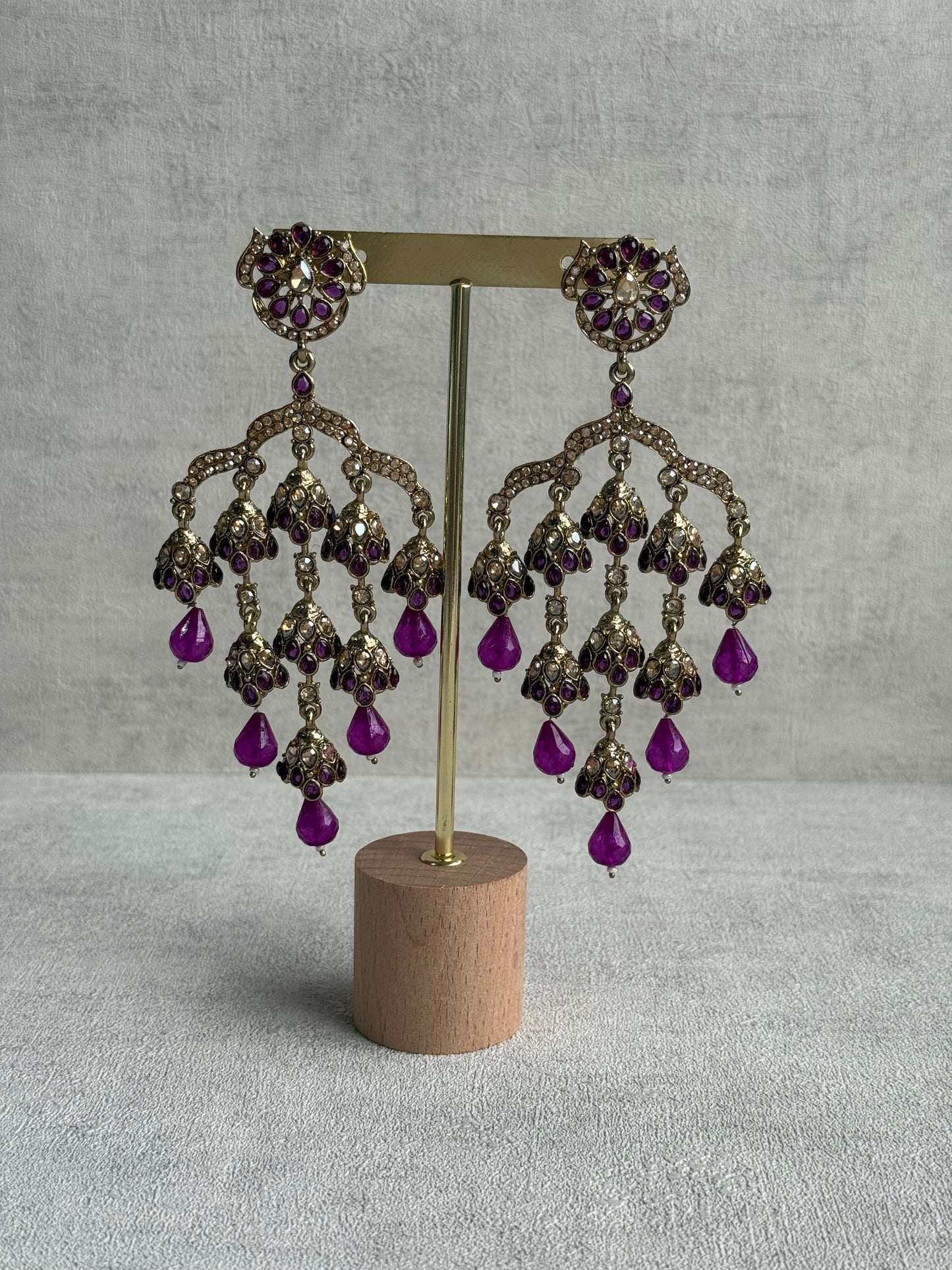 Ayura Designs Jasmine Earrings – Chandelier Earrings with Berry Purple Beads & Antique Gold Finish