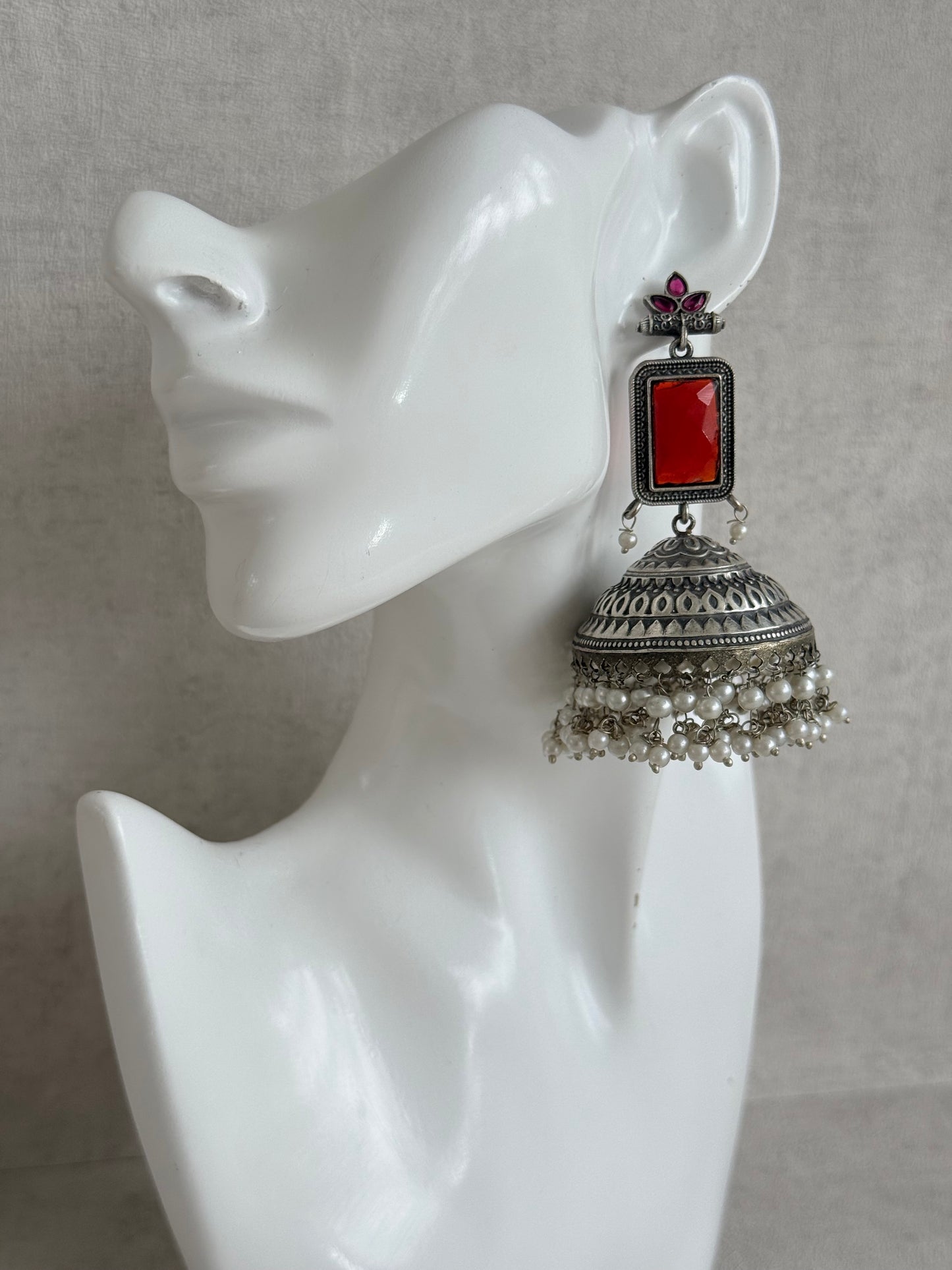 Ayura Designs Zeba Earrings – Oxidised Statement Jhumkis in Ruby Red & Pink Stones with Pearl Detailing