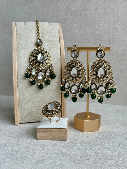 Ayura Designs Kalika Set with Necklace, Earrings, Tikka & Ring – Polki-Style Stones with Antique Green Enamel Detailing, Emerald Green Beads & Pearl Drops