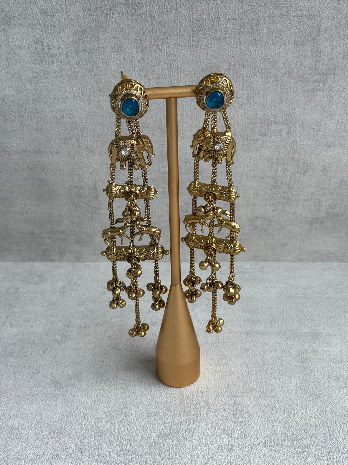 Ayura Designs Sonal Earrings – Antique Gold Dangler Earrings with Elephant & Deer Motifs, Blue Stone Tops & Ghungroo Detailing