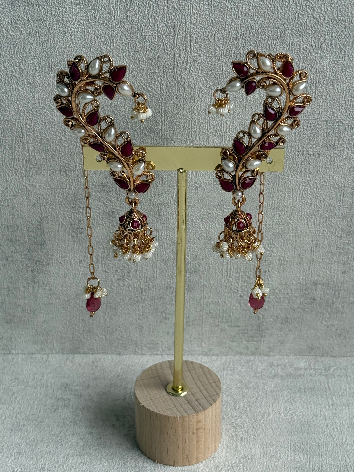 Ayura Designs Mastani Earrings – Gold Ear Climbers with Ruby Stones, Pearls & Jhumki Drops