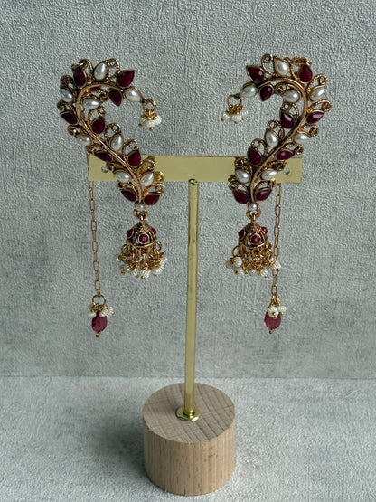 Ayura Designs Mastani Earrings – Gold Ear Climbers with Ruby Stones, Pearls & Jhumki Drops