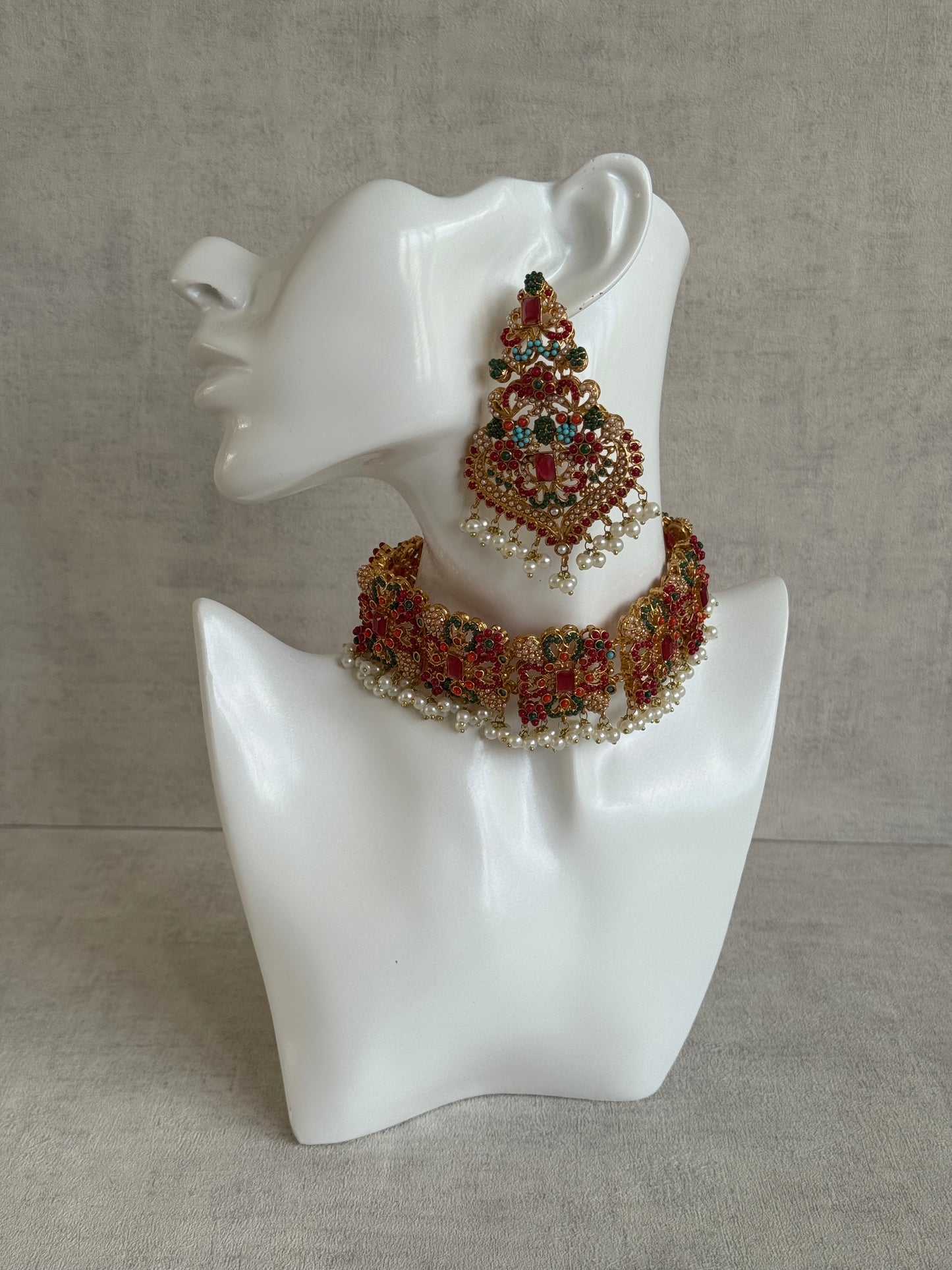 Ayura Designs Mahnoor Navratan Choker Set with Earrings & Tikka – Antique Gold Finish, Multicolour Enamel & Pearl Detailing