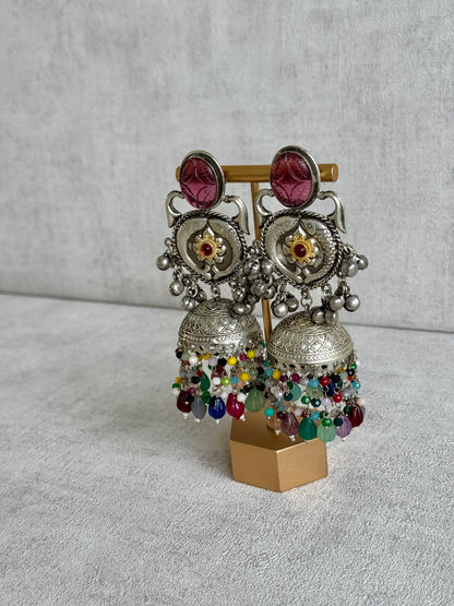 Ayura Designs Meera Earrings – Antique Silver with Multicolour Beads & Carved Glass Stone