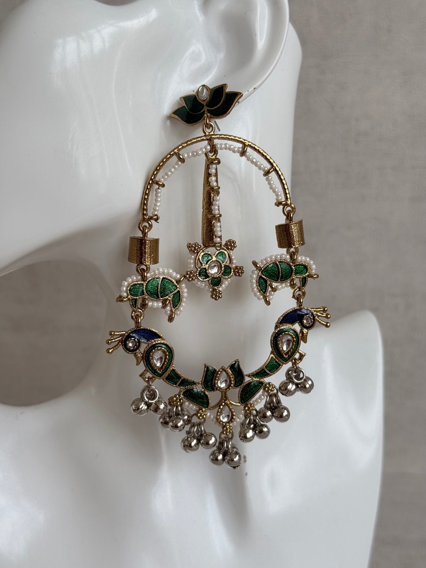 Ayura Designs Zoonpari Earrings – Emerald Green & Blue Meenakari Peacock Chandeliers in Dual Tone with Ghungroos
