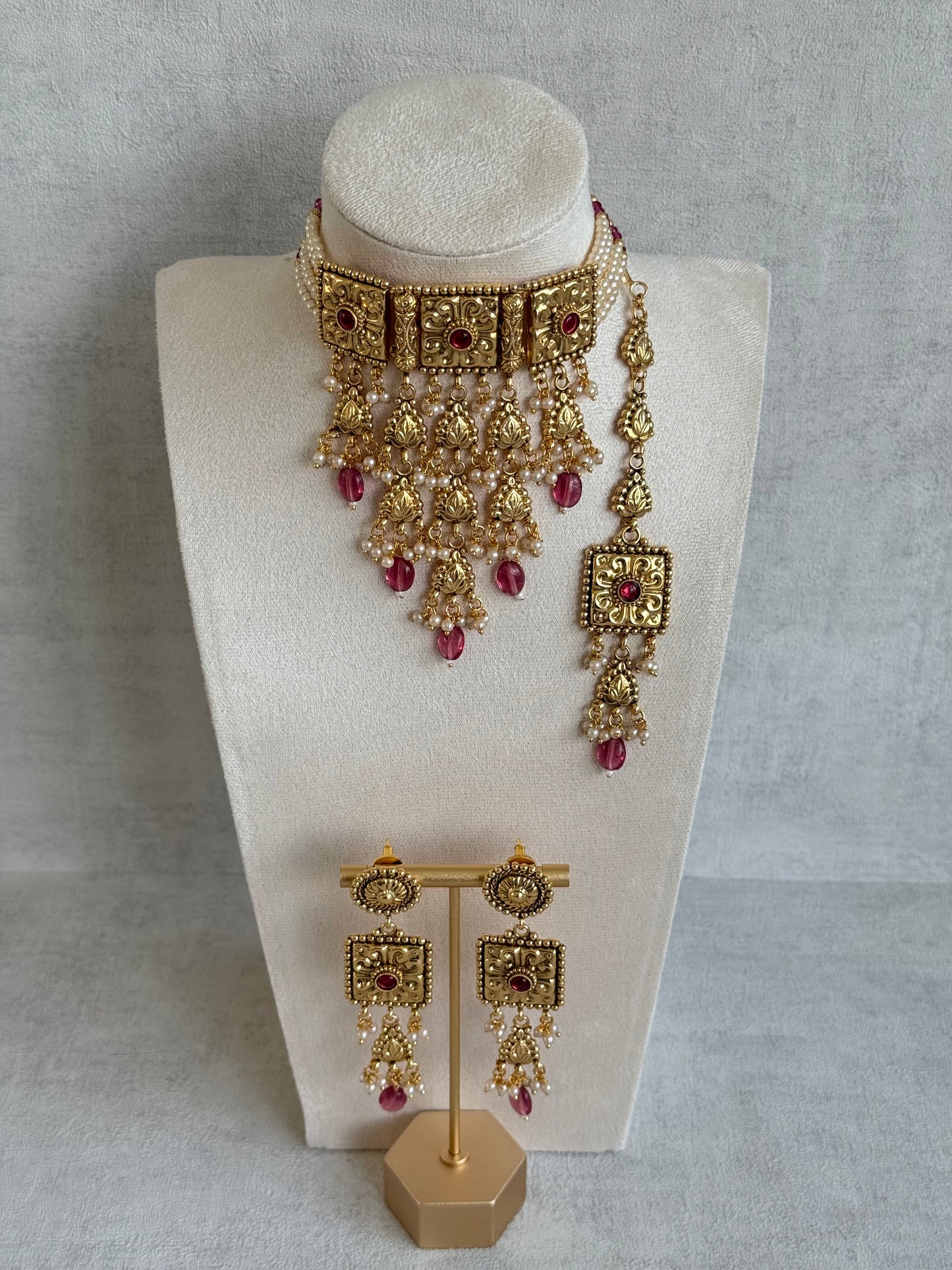 Ayura Designs Nimrah Choker Set with Earrings & Tikka – Ruby Pink Gold Tone Waterfall Jewellery Set