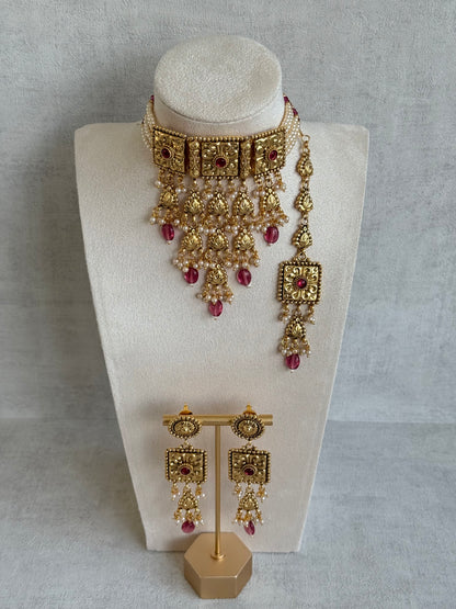 Ayura Designs Nimrah Choker Set with Earrings & Tikka – Ruby Pink Gold Tone Waterfall Jewellery Set
