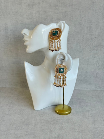 Ayura Designs Gunjal Earrings – Sage Green Chain Drop Studs with Kundan & Bead Detailing