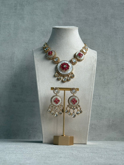 Ayura Designs Wisah Set – Necklace & Earrings with Mother of Pearl, Ruby Pink Stones & Mirror-Cut Detailing