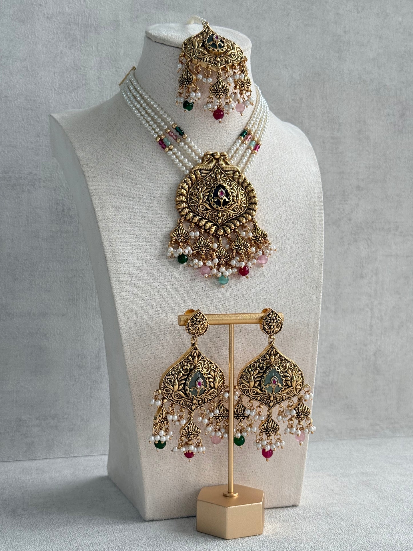 Ayura Designs Afia Necklace Set with Earrings & Tikka – Antique Gold, Multicolour Beads, Green Centre Stone & Peacock Motifs