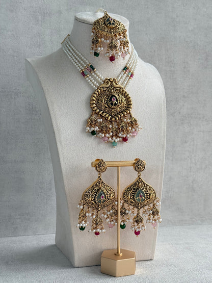 Ayura Designs Afia Necklace Set with Earrings & Tikka – Antique Gold, Multicolour Beads, Green Centre Stone & Peacock Motifs