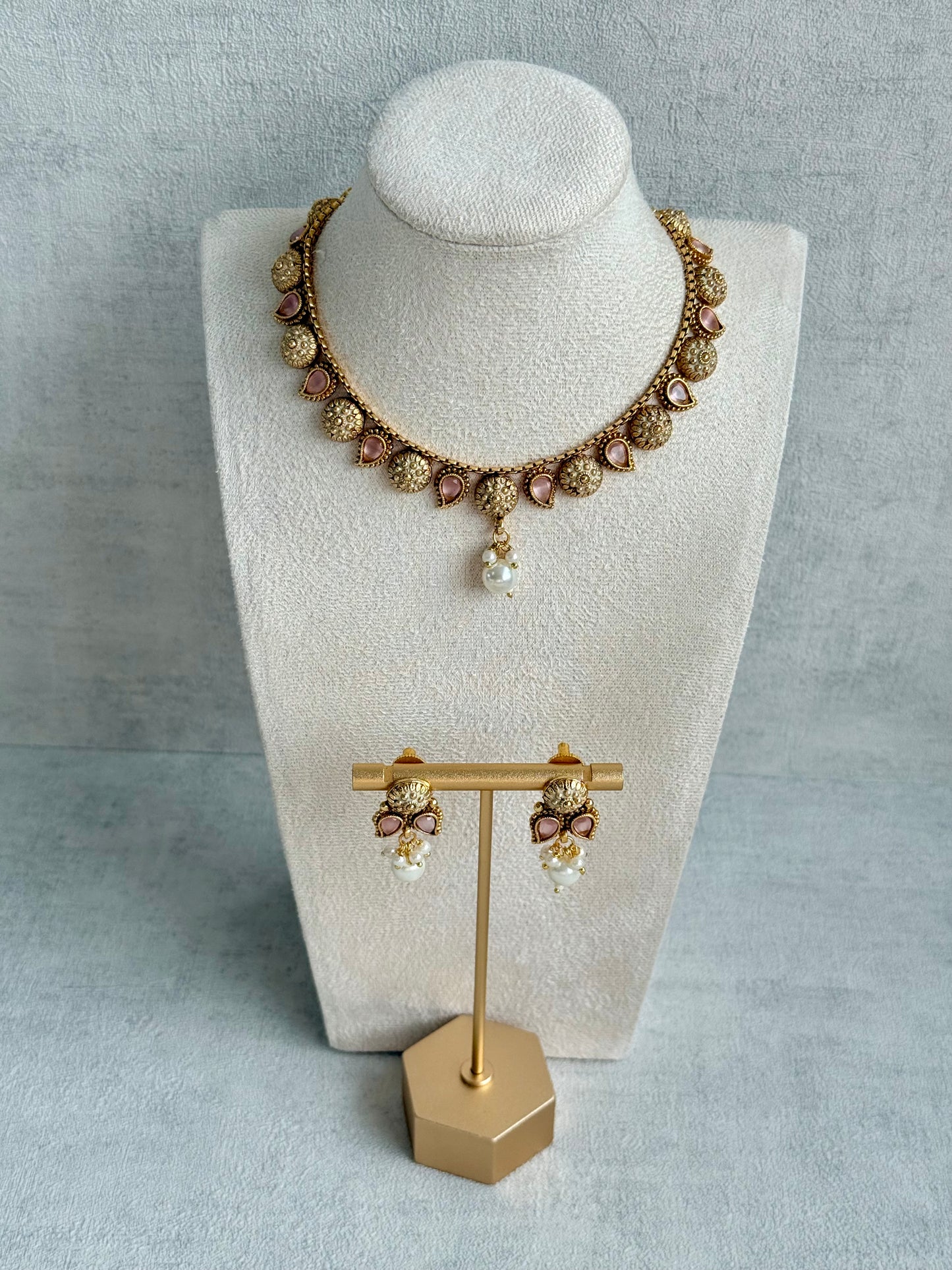 Ayura Designs Mayura Necklace Set with Earrings – Antique Gold Meenakari Motifs with Pearl Drop & Blush Pink Stones