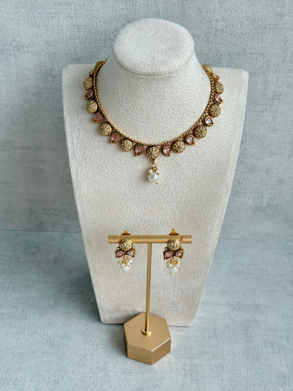 Ayura Designs Mayura Necklace Set with Earrings – Antique Gold Meenakari Motifs with Pearl Drop & Blush Pink Stones