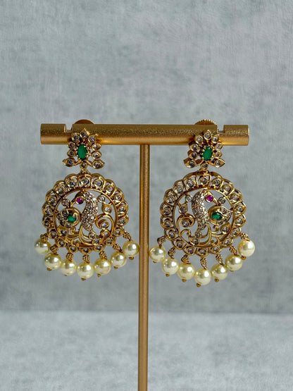 Ayura Designs Vedya Set – Antique Gold Peacock Necklace with Kundan, Emerald & Pearl Detailing
