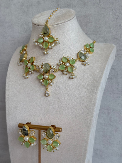 Ayura Designs Zaria Set with Tikka & Earrings – Prehnite with Pearls & Crystals