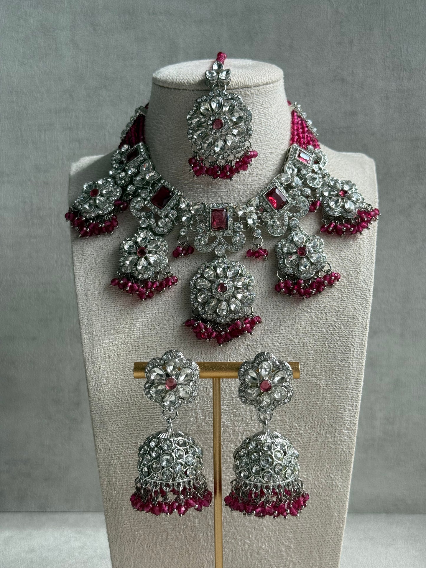 Ayura Designs Zarghuna Set with Jhumkis & Tikka – Fuchsia Beads, Mirror-Cut Stones & Silver Finish