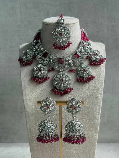 Ayura Designs Zarghuna Set with Jhumkis & Tikka – Fuchsia Beads, Mirror-Cut Stones & Silver Finish