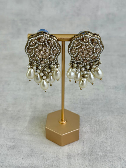 Ayura Designs Aynoor Halo Petal Earrings – Antique Gold Finish with Mirror-Cut Stones & Pearl Drops