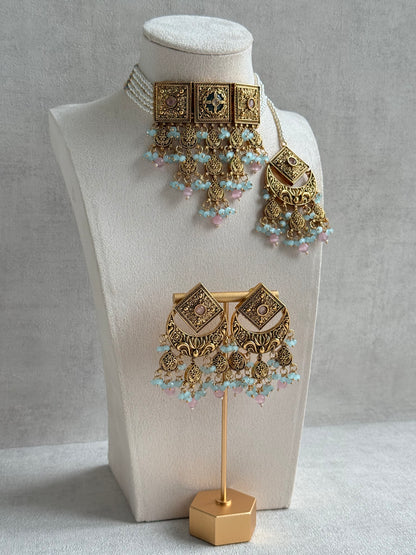 Ayura Designs Samera Choker Set with Earrings & Tikka – Aqua Blue & Blush Pink Beads, Green Centre Stone, Floral Motifs & Antique Gold Finish