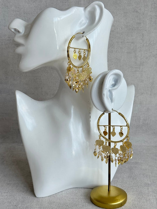 Ayura Designs Dilkash Balis – Gold Pipal Patti Heart Charm Hoop Earrings