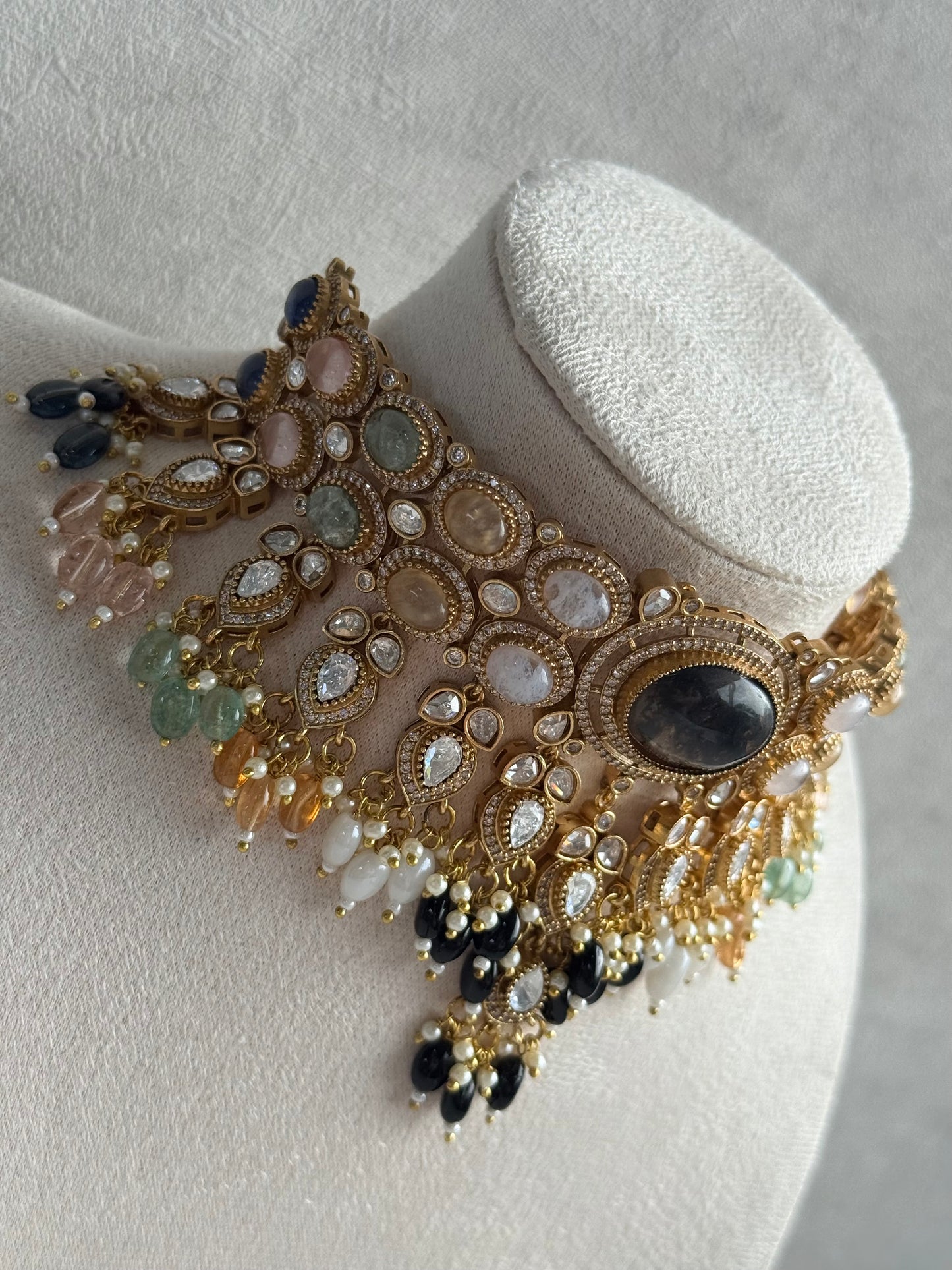 Ayura Designs Poppy Choker Set with Statement Earrings – Smoky Stone Centre with Pastel Beads, Pearls and Black Drops