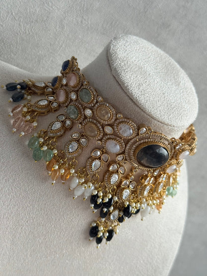 Ayura Designs Poppy Choker Set with Statement Earrings – Smoky Stone Centre with Pastel Beads, Pearls and Black Drops