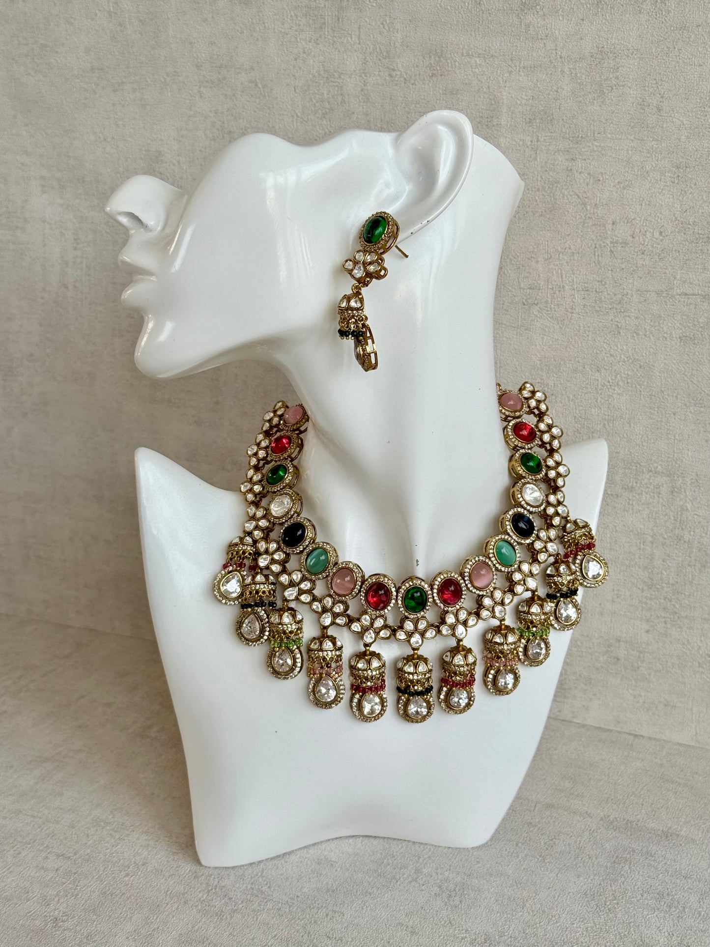 Ayura Designs Imara Set with Necklace & Jhumkis – Multicolour Stones with Kundan Detailing & Crystal Drop
