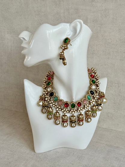 Ayura Designs Imara Set with Necklace & Jhumkis – Multicolour Stones with Kundan Detailing & Crystal Drop