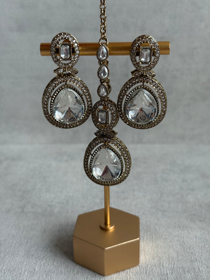 Ayura Designs Aurora Set with Earrings & Tikka – Silver Mirror-Cut Stones & Antique Gold Finish
