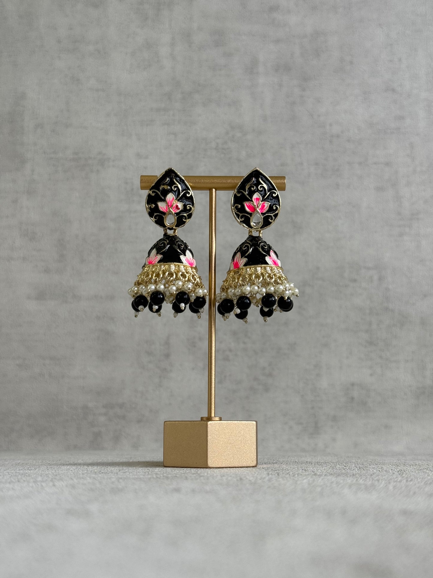 Ayura Designs Gia Jhumkis – Midnight Black Meenakari with Pink Lotus Motifs & Ivory Pearl Drops