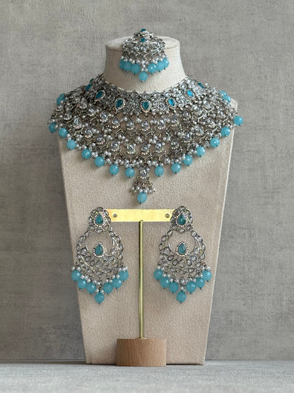 Ayura Designs Eknoor Set – Necklace, Tikka & Earrings with Aqua Blue Beads, Pearls and Silver Finish
