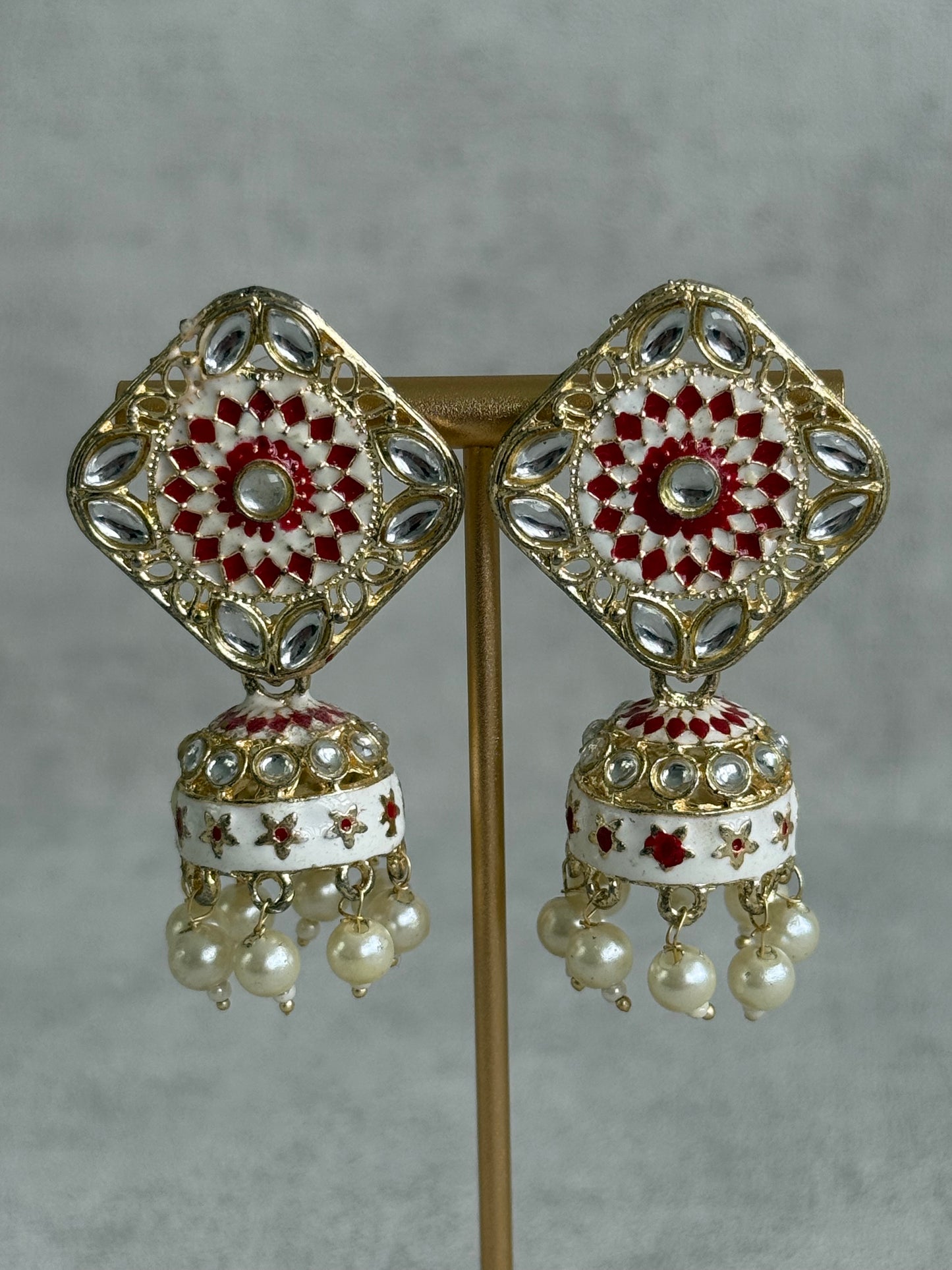 Ayura Designs Rangoli Jhumkis – Ivory & Ruby Red Meenakari with Pearl Drops in Antique Gold Finish