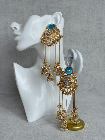 Ayura Designs Shagan Earrings – Aqua Blue Statement Earrings with Multi Jhumki Drops, Pearl Detailing & Ghungroo Accents