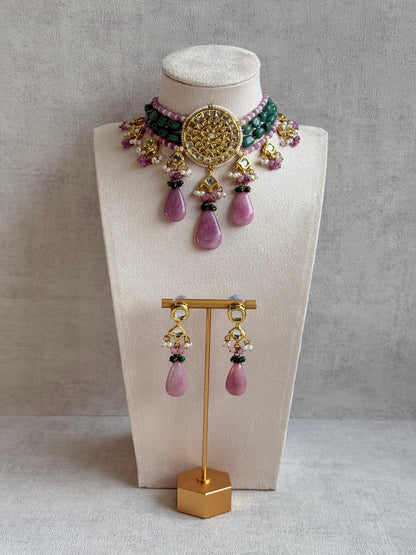 Ayura Designs Rabeeya Kundan Choker Set with Earrings – Blush Pink & Emerald Green Bead Detailing