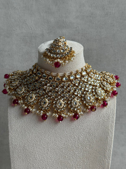 Ayura Designs Suhag Set – Bridal Necklace, Jhumkis & Tikka with Pink Beads, Pearl Detailing & Gold-Finish Kundan
