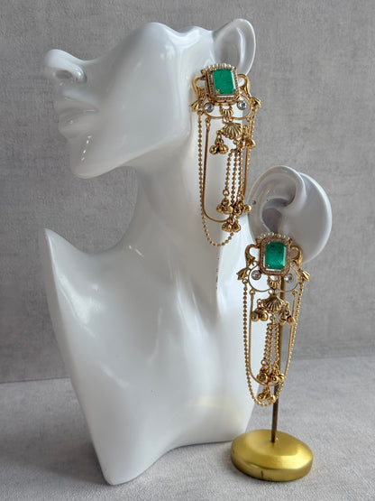 Ayura Designs Jaid Earrings – Jade Green Floral Motif with Layered Chains & Ghungroos