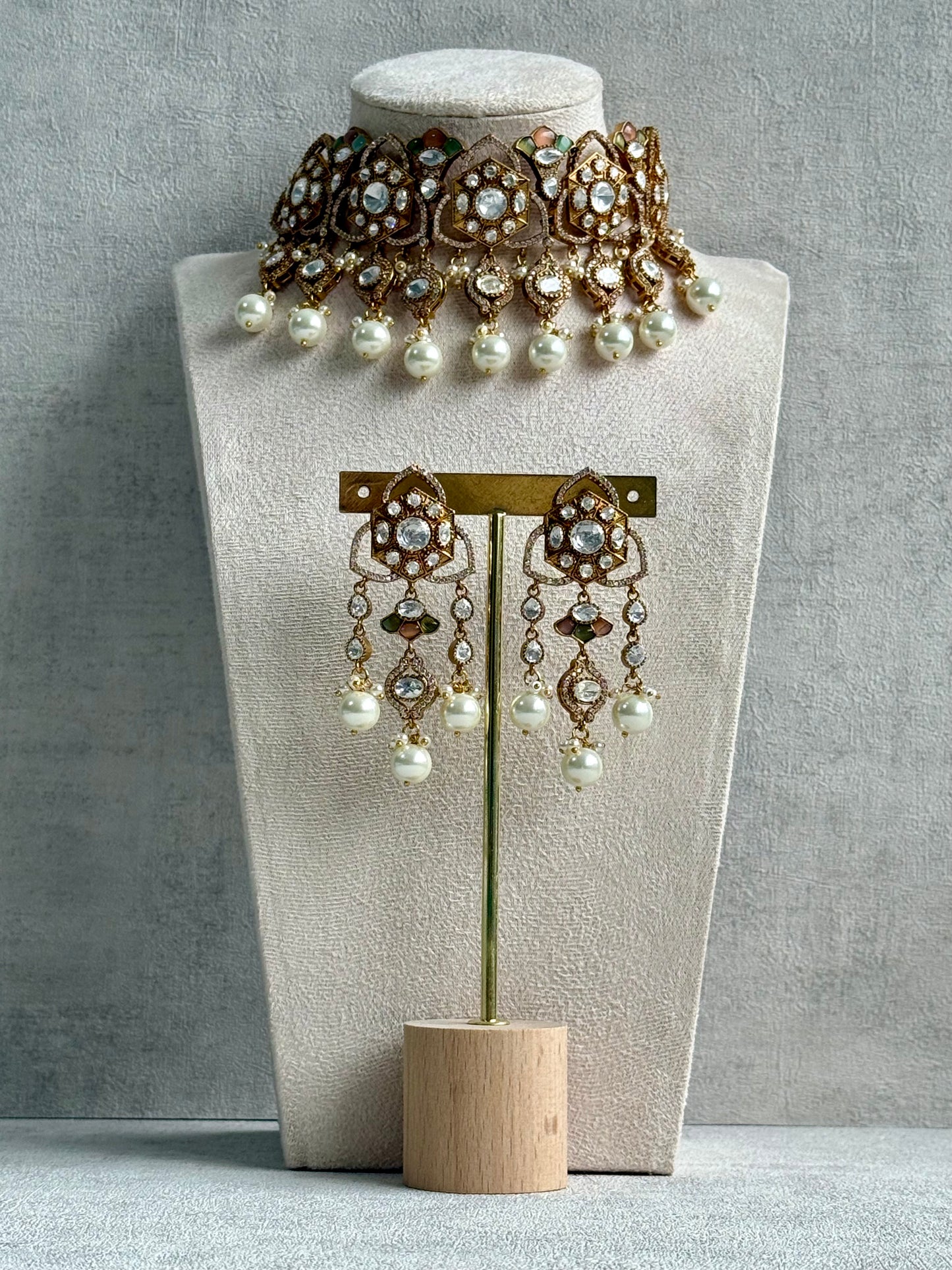 Ayura Designs Serina Choker Set with Earrings – Peach & Pistachio Enamel, Mirror-Cut Stones & Pearl Drops